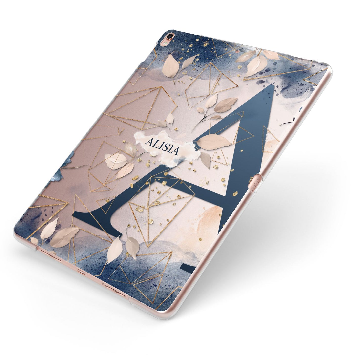 Personalised Watercolour Geometric Apple iPad Case on Rose Gold iPad Side View