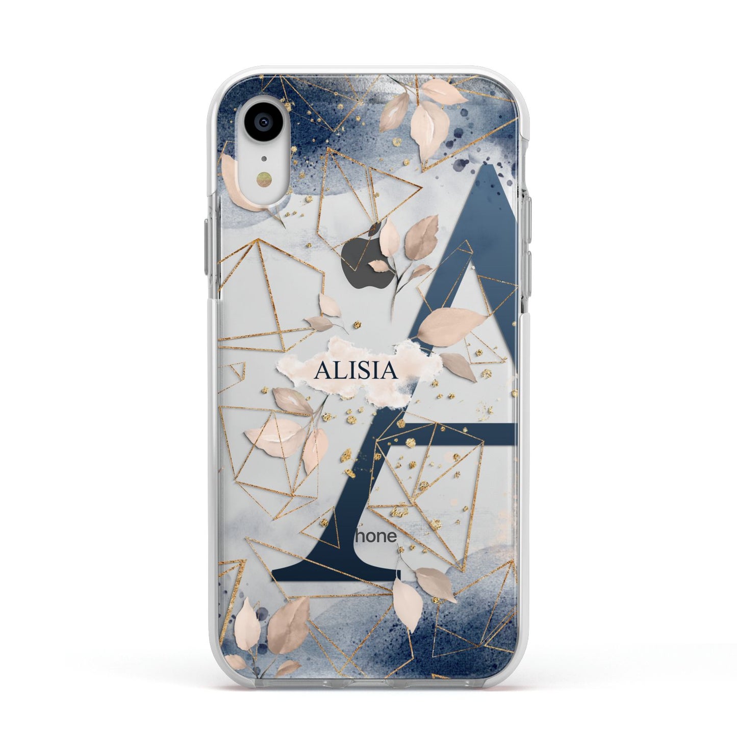 Personalised Watercolour Geometric Apple iPhone XR Impact Case White Edge on Silver Phone