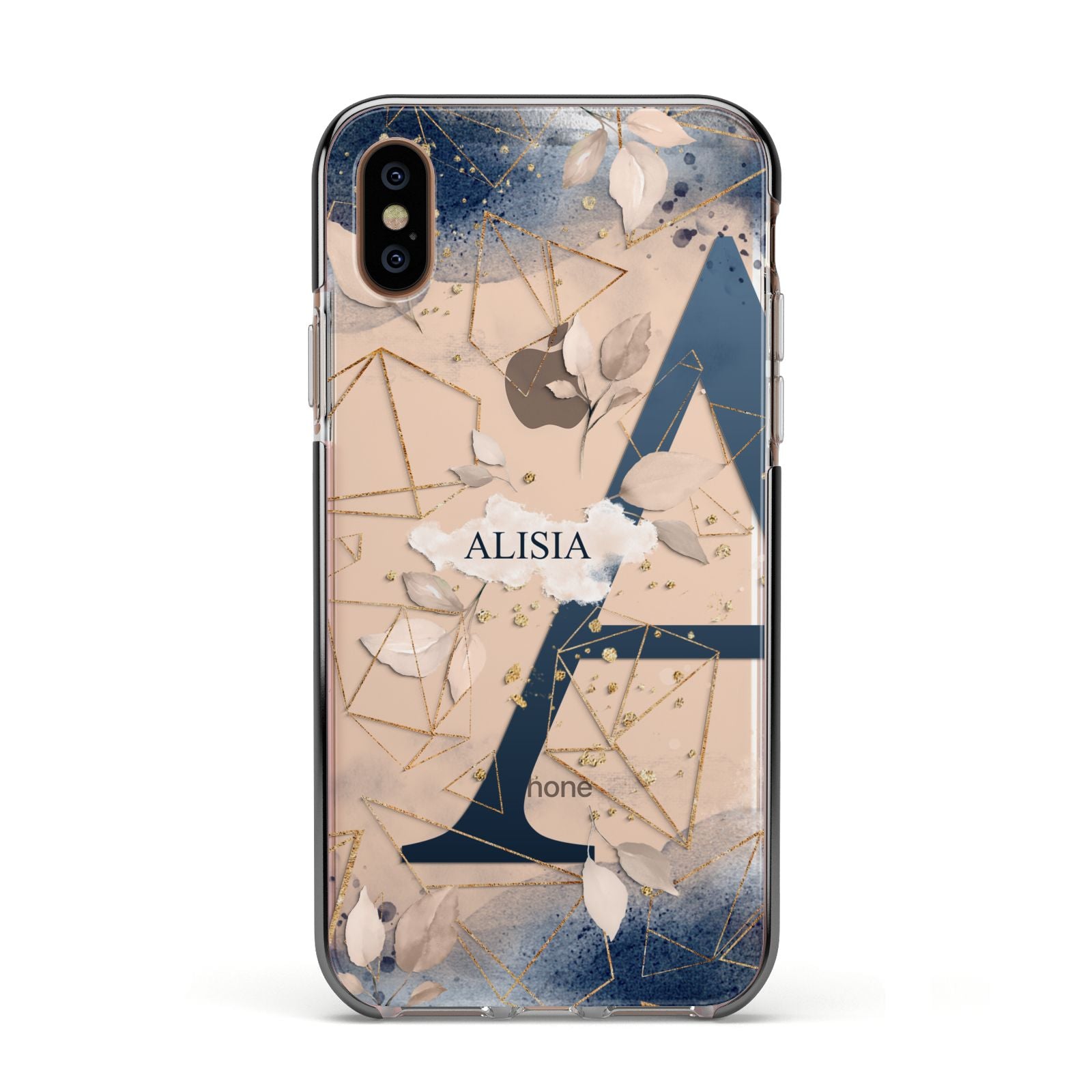 Personalised Watercolour Geometric Apple iPhone Xs Impact Case Black Edge on Gold Phone