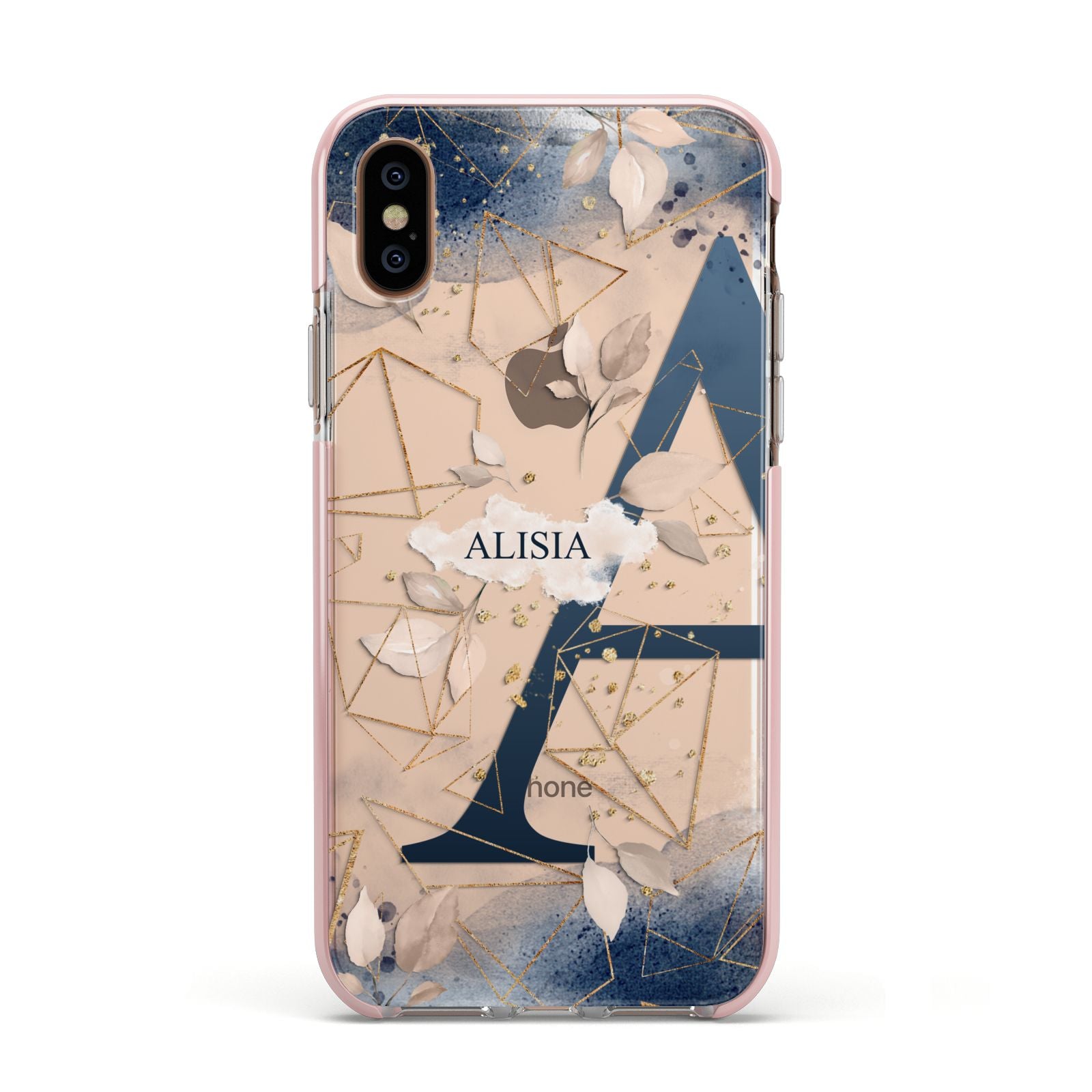 Personalised Watercolour Geometric Apple iPhone Xs Impact Case Pink Edge on Gold Phone