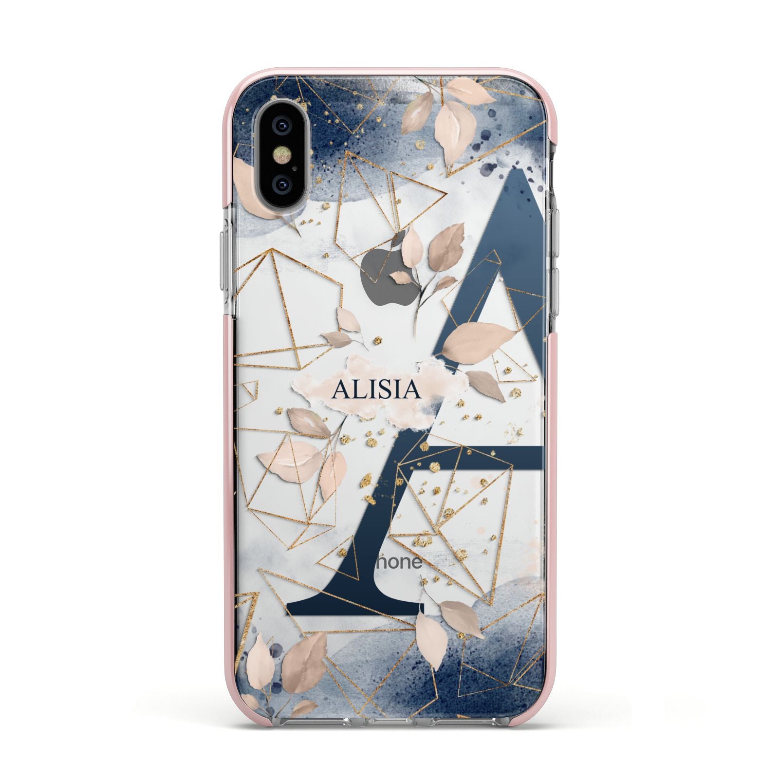 Personalised Watercolour Geometric Apple iPhone Xs Impact Case Pink Edge on Silver Phone