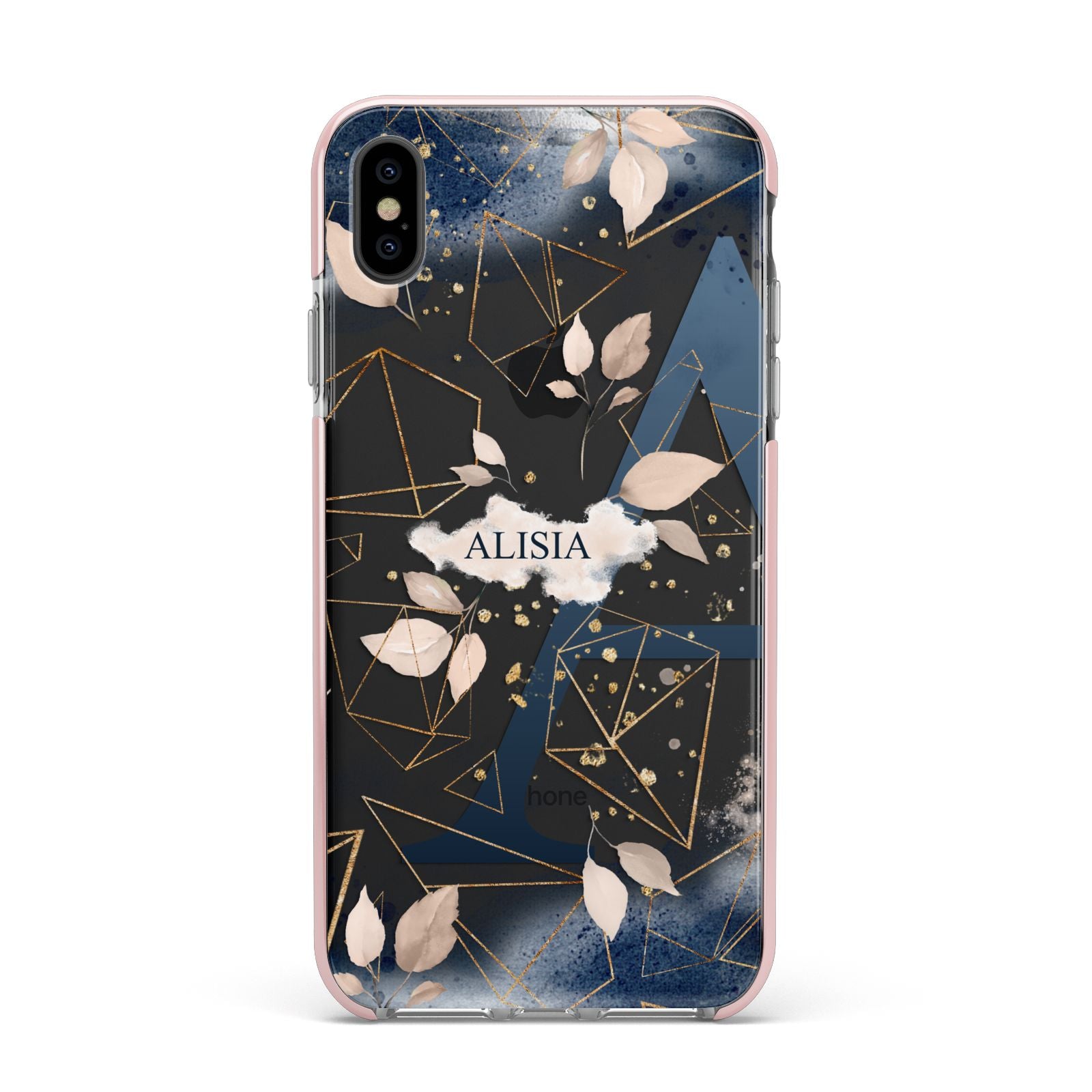 Personalised Watercolour Geometric Apple iPhone Xs Max Impact Case Pink Edge on Black Phone