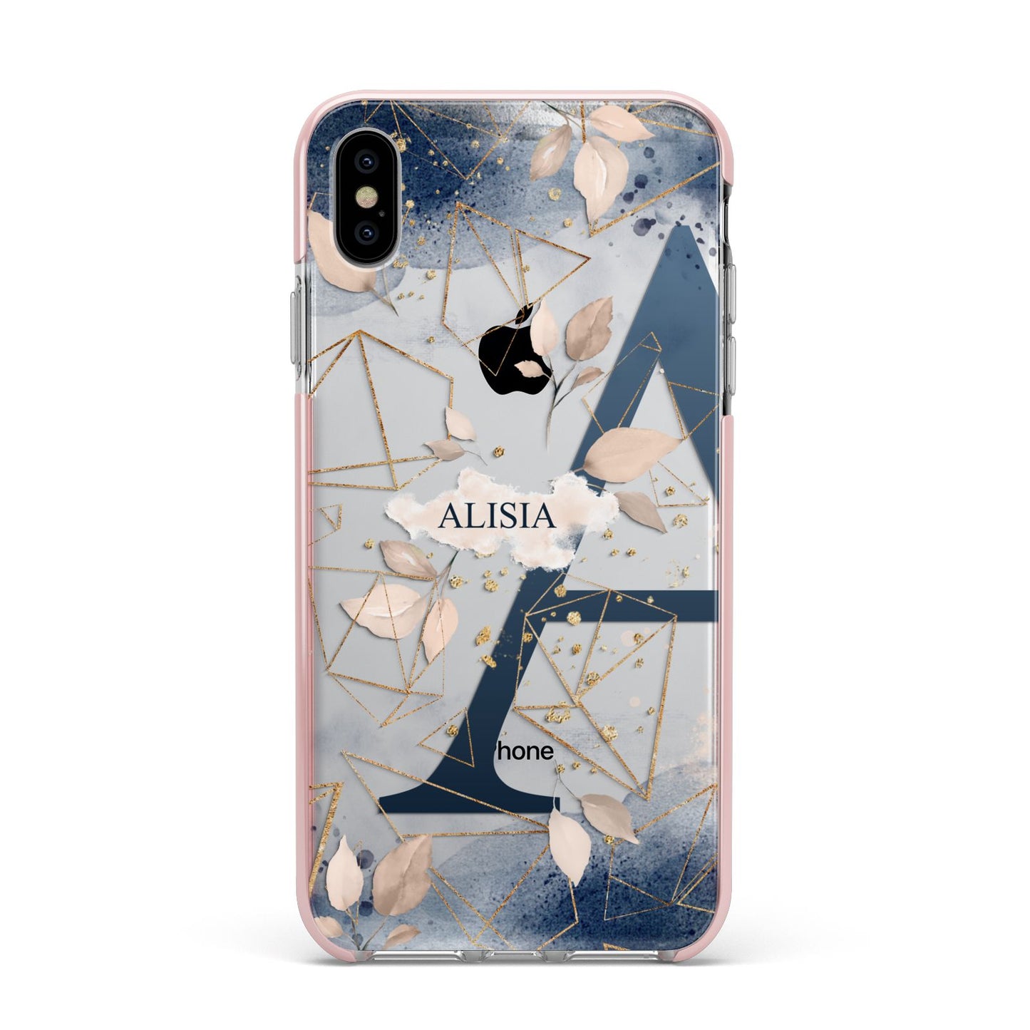 Personalised Watercolour Geometric Apple iPhone Xs Max Impact Case Pink Edge on Silver Phone