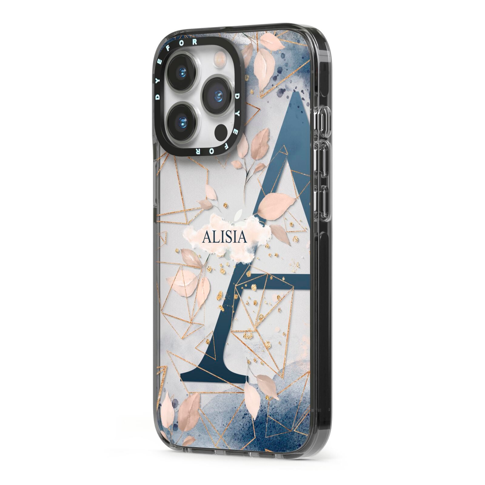 Personalised Watercolour Geometric iPhone 13 Pro Black Impact Case Side Angle on Silver phone