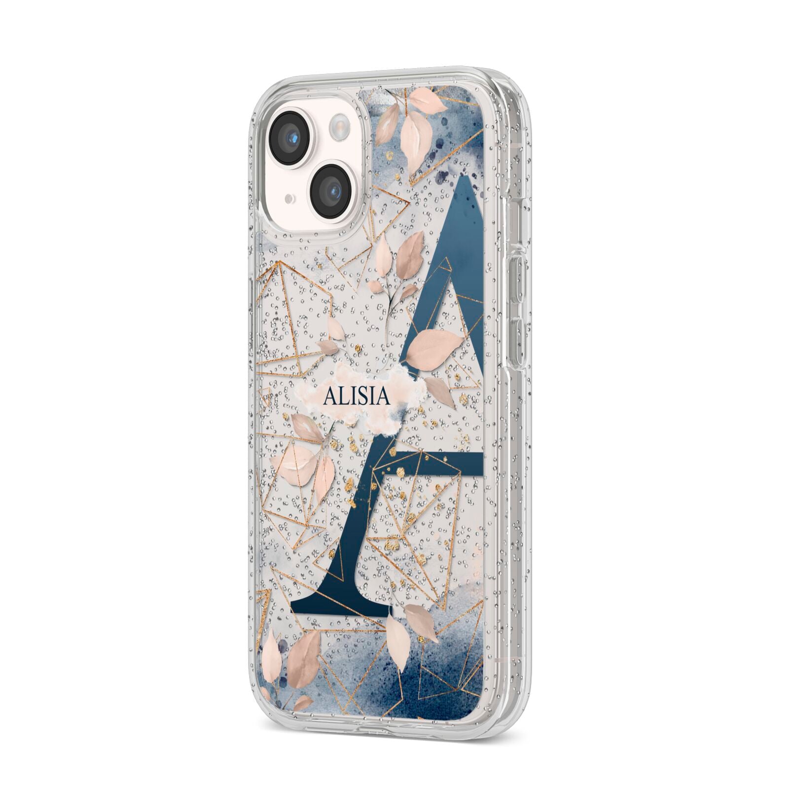 Personalised Watercolour Geometric iPhone 14 Glitter Tough Case Starlight Angled Image