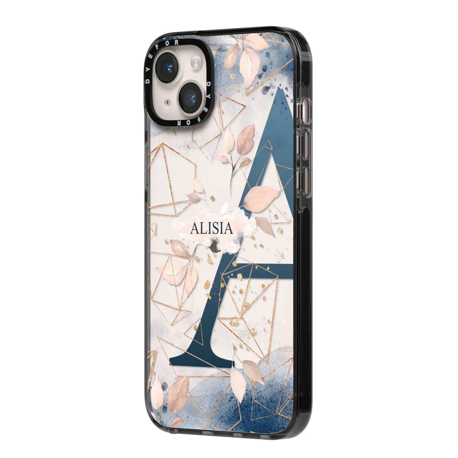 Personalised Watercolour Geometric iPhone 14 Plus Black Impact Case Side Angle on Silver phone