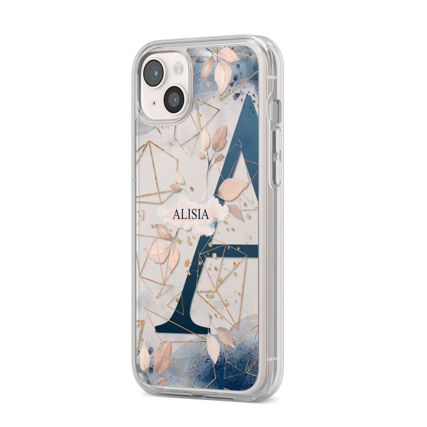 Personalised Watercolour Geometric iPhone 14 Plus Clear Tough Case Starlight Angled Image