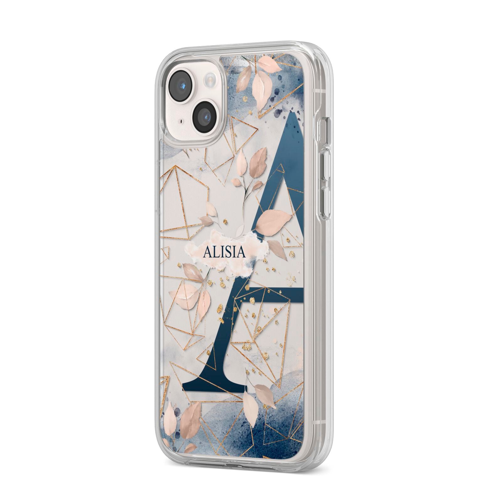 Personalised Watercolour Geometric iPhone 14 Plus Clear Tough Case Starlight Angled Image