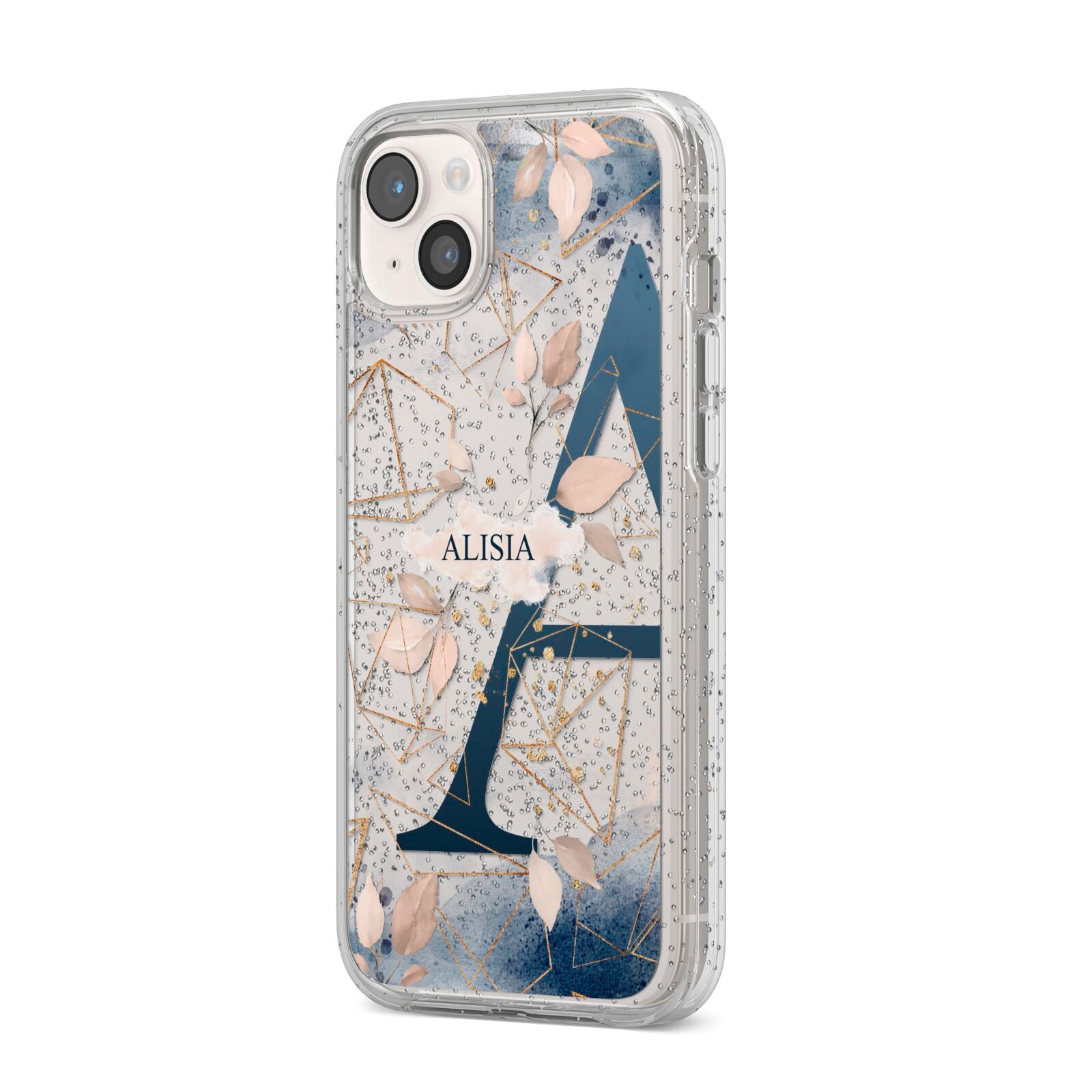 Personalised Watercolour Geometric iPhone 14 Plus Glitter Tough Case Starlight Angled Image