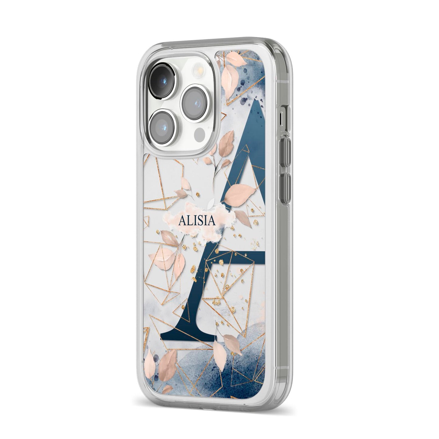 Personalised Watercolour Geometric iPhone 14 Pro Clear Tough Case Silver Angled Image