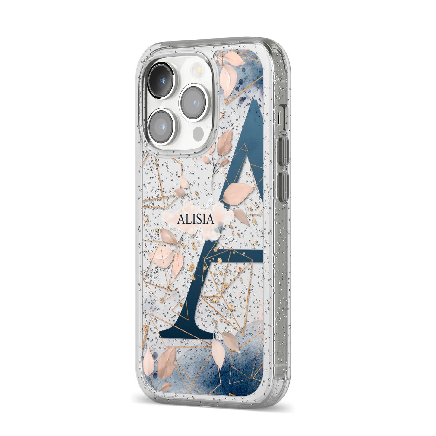 Personalised Watercolour Geometric iPhone 14 Pro Glitter Tough Case Silver Angled Image