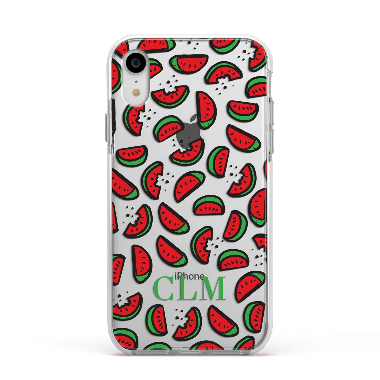 Personalised Watermelon Initials Apple iPhone XR Impact Case White Edge on Silver Phone