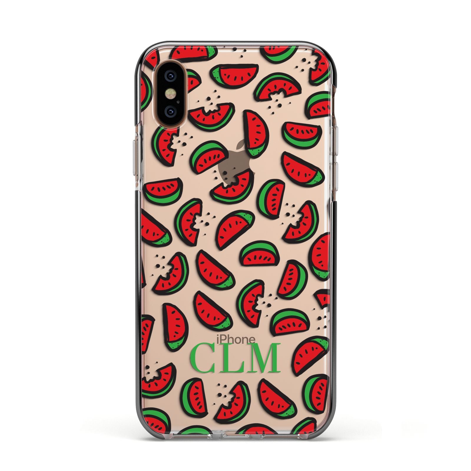 Personalised Watermelon Initials Apple iPhone Xs Impact Case Black Edge on Gold Phone