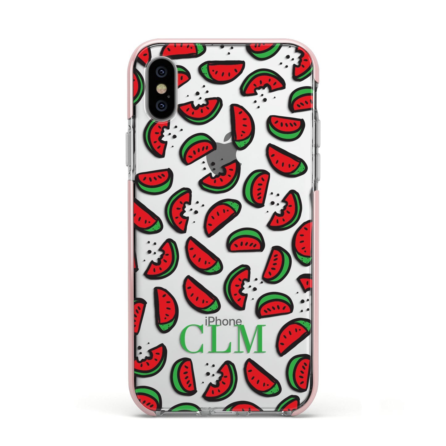 Personalised Watermelon Initials Apple iPhone Xs Impact Case Pink Edge on Silver Phone