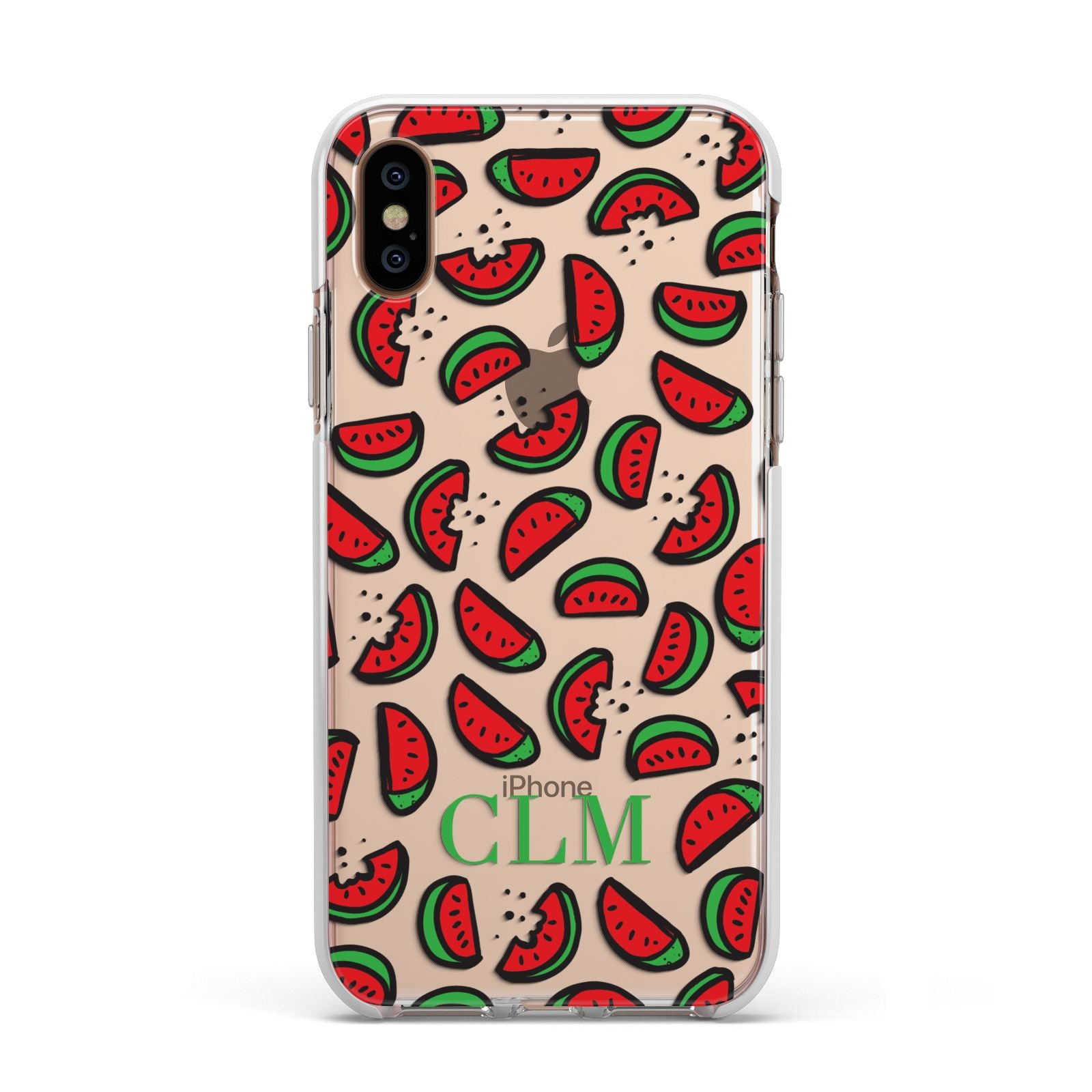 Personalised Watermelon Initials Apple iPhone Xs Impact Case White Edge on Gold Phone