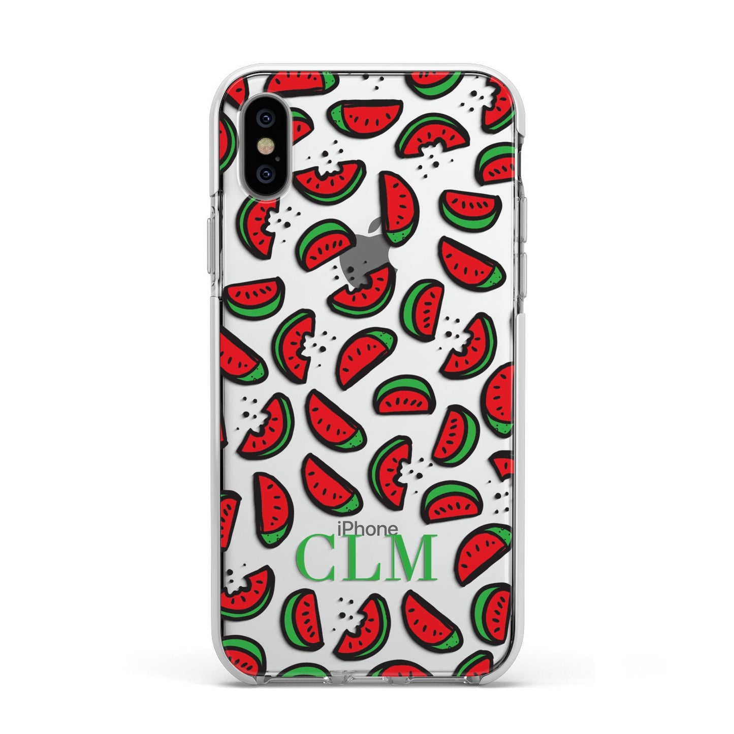 Personalised Watermelon Initials Apple iPhone Xs Impact Case White Edge on Silver Phone