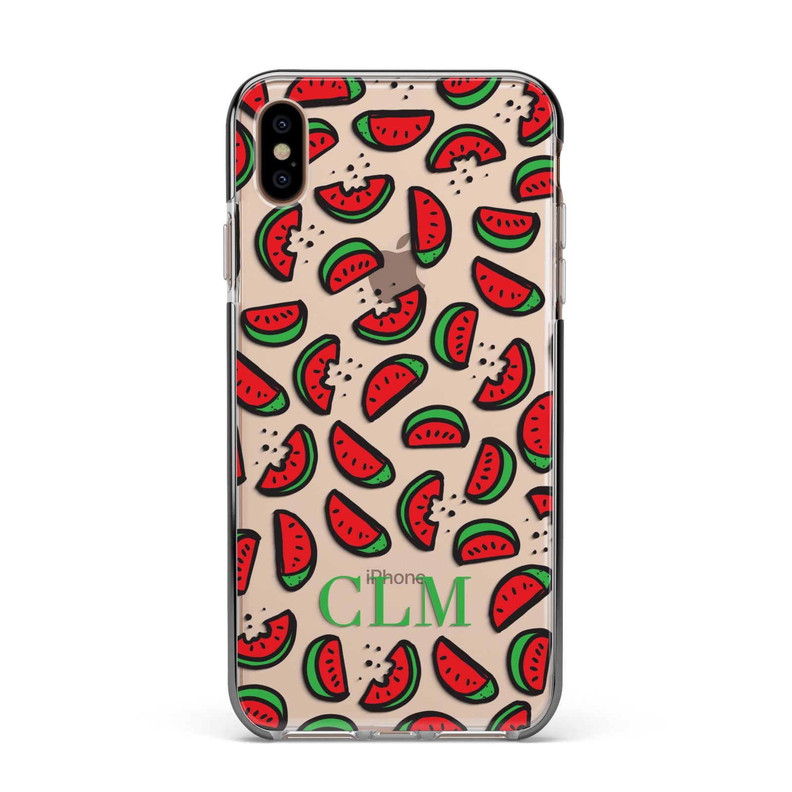 Personalised Watermelon Initials Apple iPhone Xs Max Impact Case Black Edge on Gold Phone