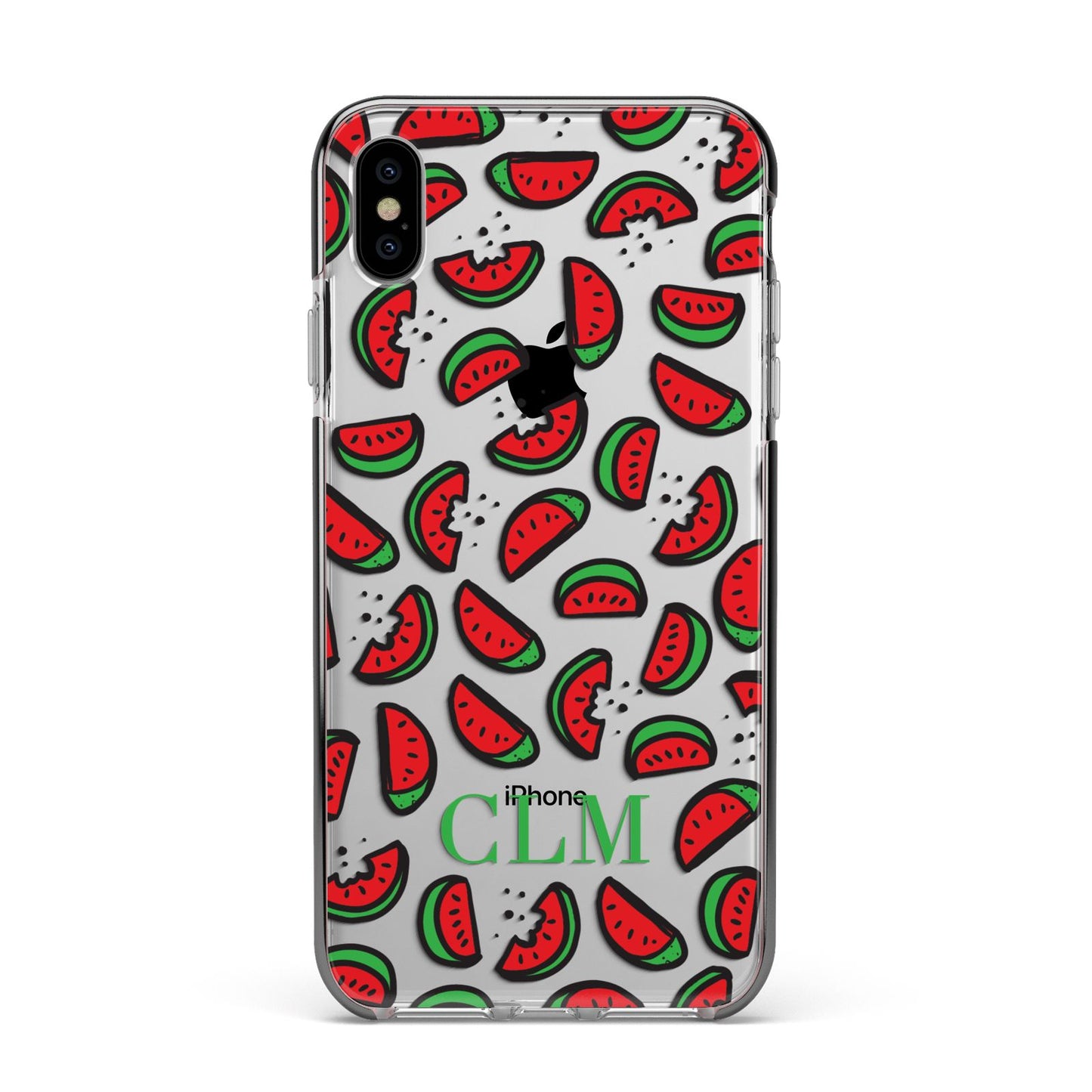 Personalised Watermelon Initials Apple iPhone Xs Max Impact Case Black Edge on Silver Phone