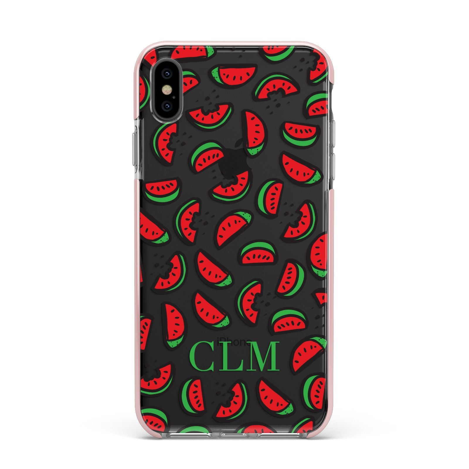 Personalised Watermelon Initials Apple iPhone Xs Max Impact Case Pink Edge on Black Phone