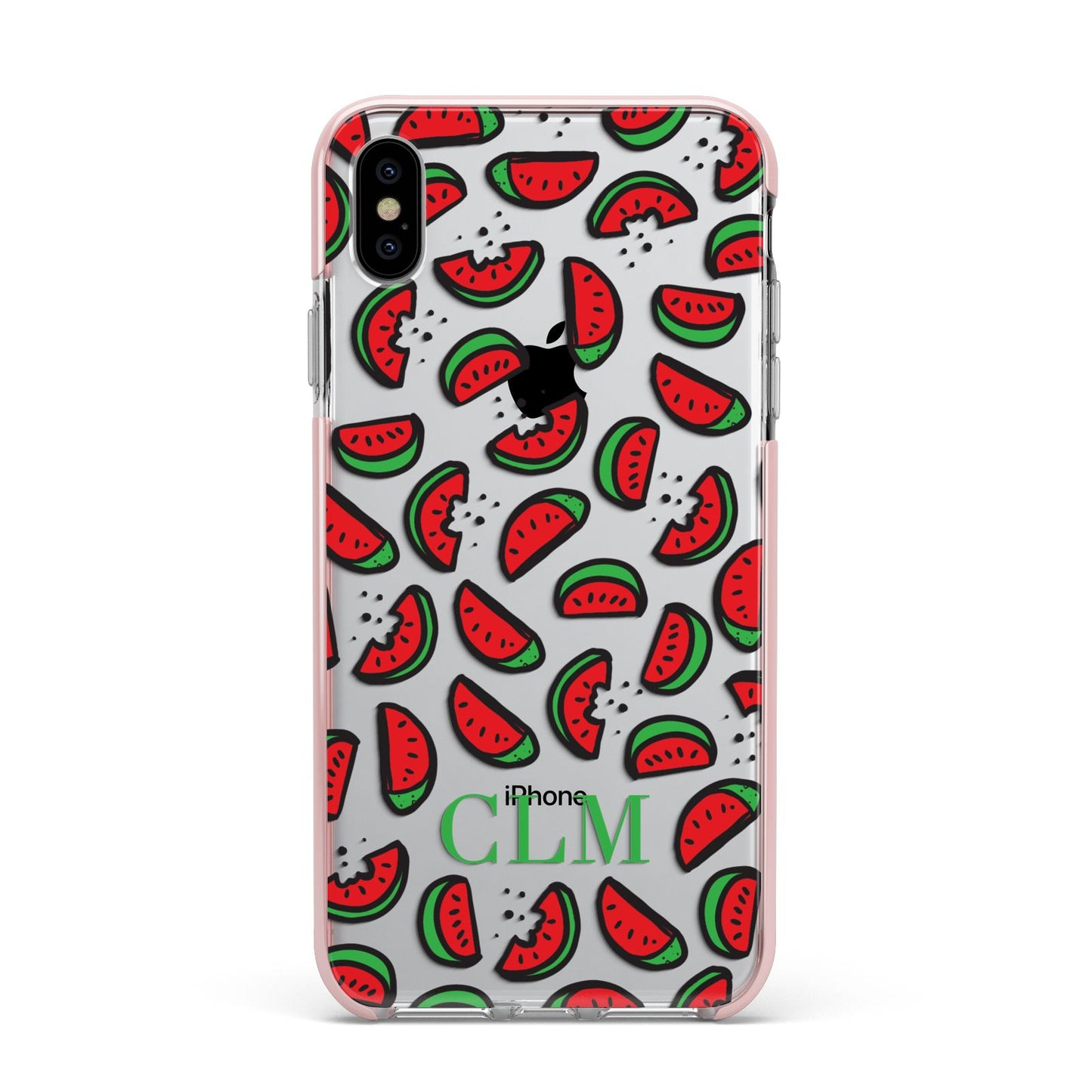 Personalised Watermelon Initials Apple iPhone Xs Max Impact Case Pink Edge on Silver Phone