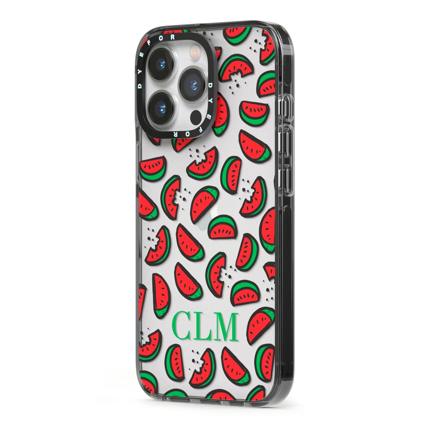 Personalised Watermelon Initials iPhone 13 Pro Black Impact Case Side Angle on Silver phone