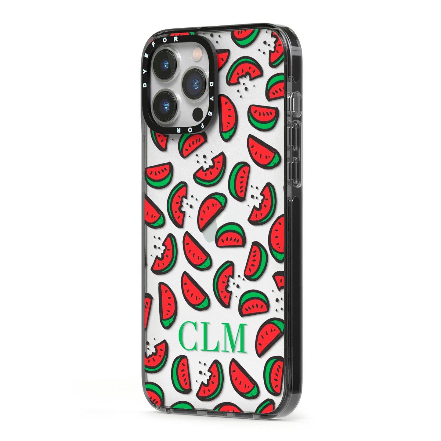 Personalised Watermelon Initials iPhone 13 Pro Max Black Impact Case Side Angle on Silver phone