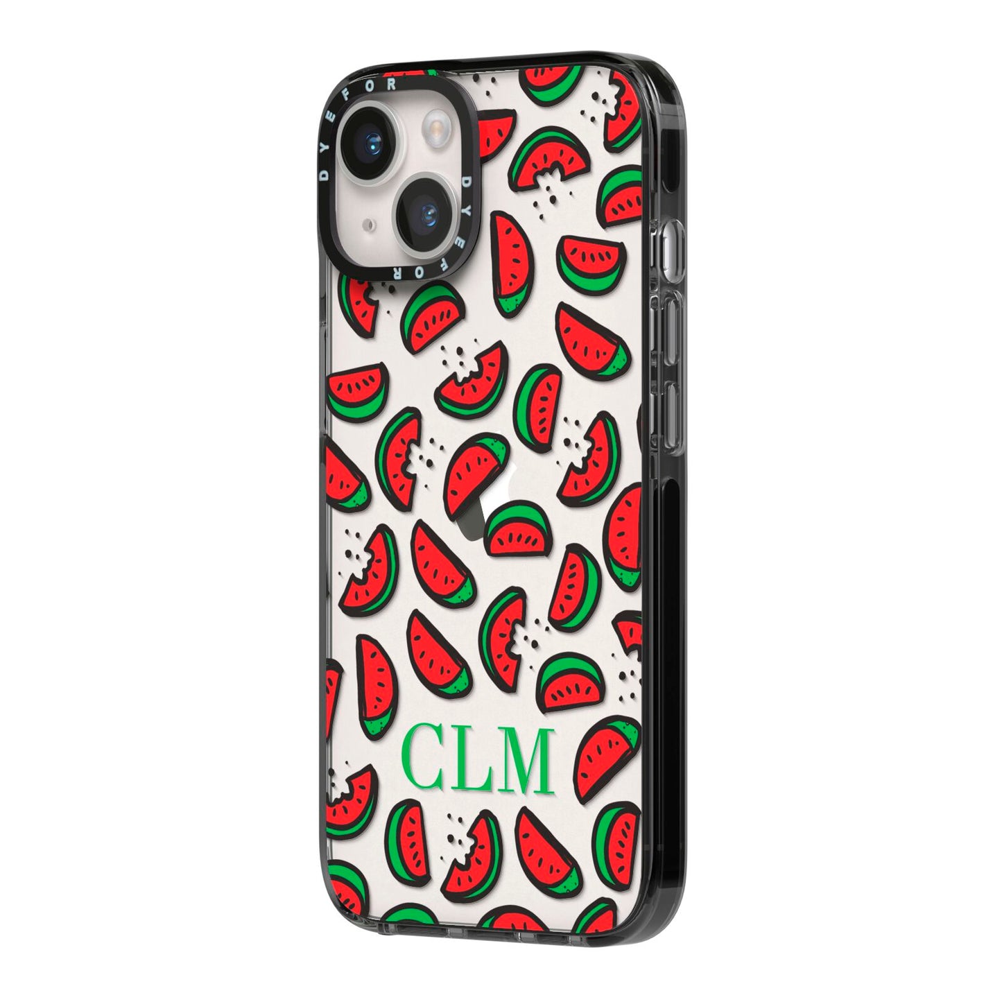 Personalised Watermelon Initials iPhone 14 Black Impact Case Side Angle on Silver phone