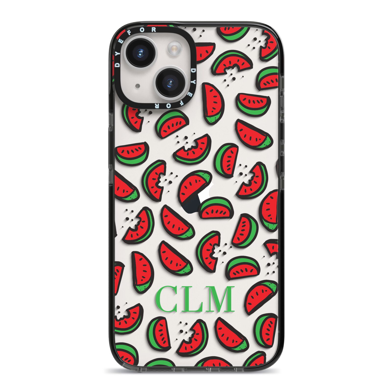 Personalised Watermelon Initials iPhone 14 Black Impact Case on Silver phone