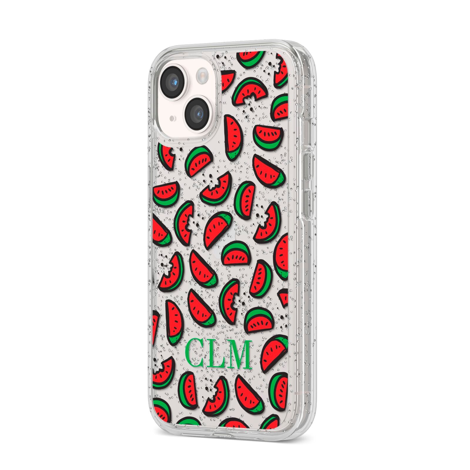 Personalised Watermelon Initials iPhone 14 Glitter Tough Case Starlight Angled Image