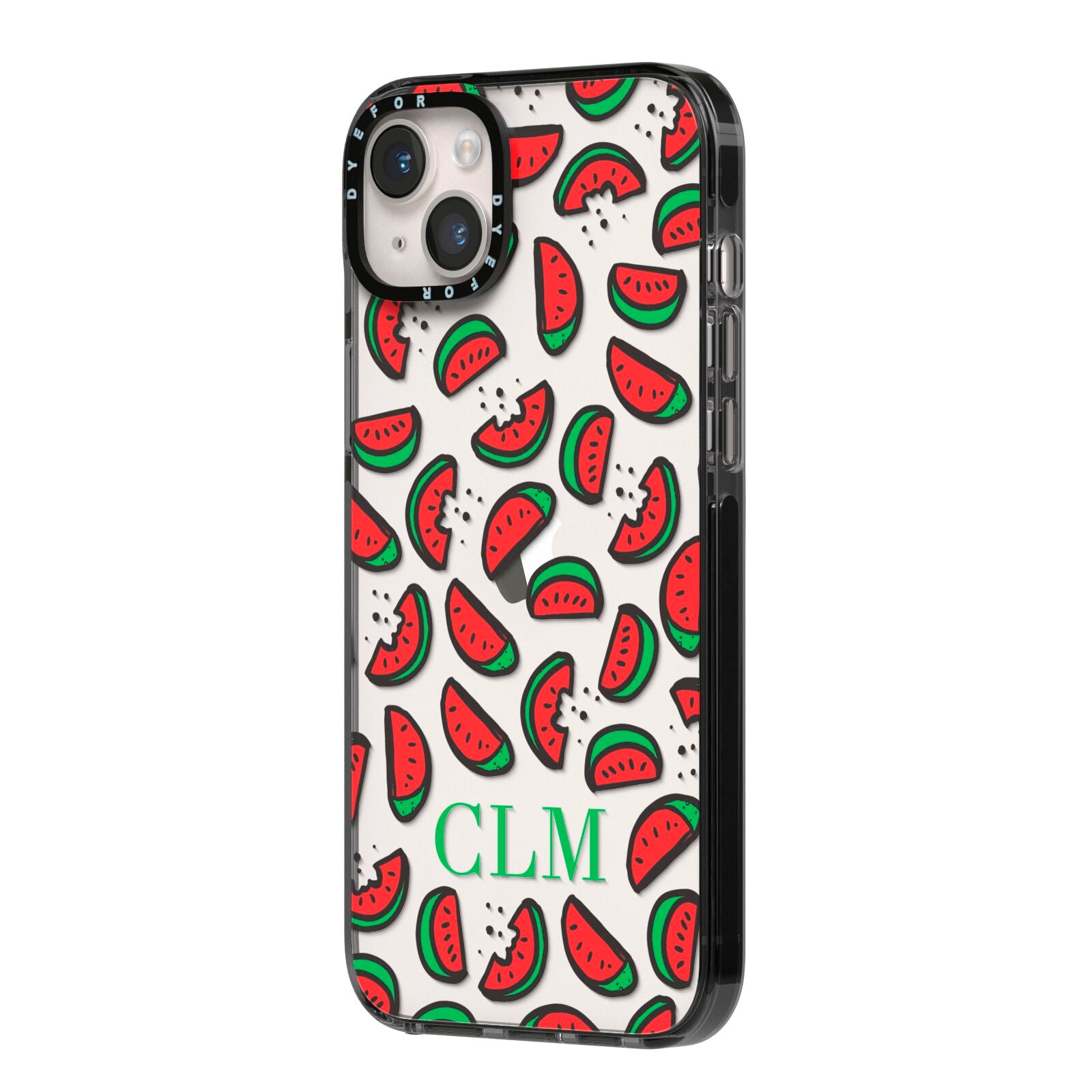 Personalised Watermelon Initials iPhone 14 Plus Black Impact Case Side Angle on Silver phone