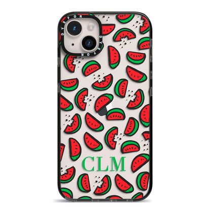 Personalised Watermelon Initials iPhone 14 Plus Black Impact Case on Silver phone