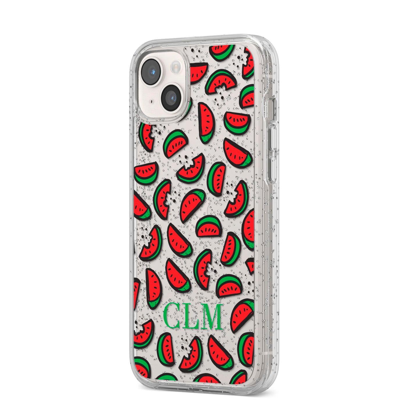 Personalised Watermelon Initials iPhone 14 Plus Glitter Tough Case Starlight Angled Image