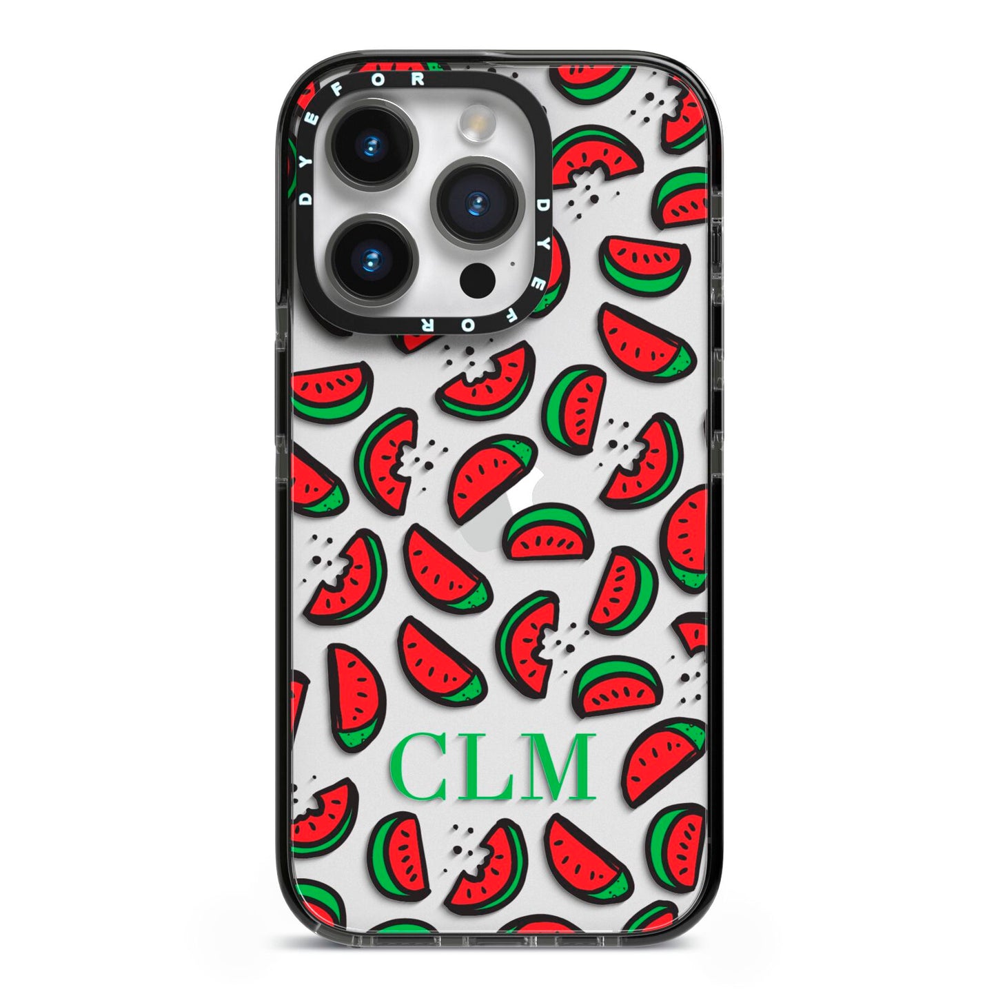 Personalised Watermelon Initials iPhone 14 Pro Black Impact Case on Silver phone