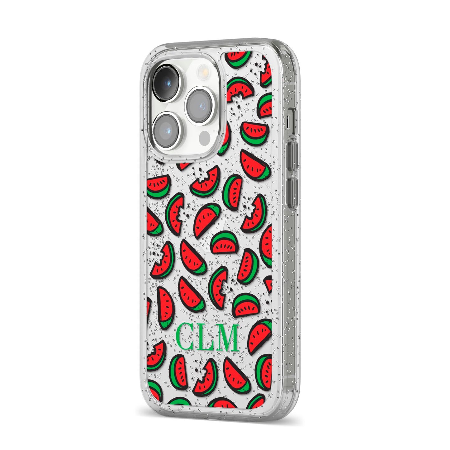 Personalised Watermelon Initials iPhone 14 Pro Glitter Tough Case Silver Angled Image
