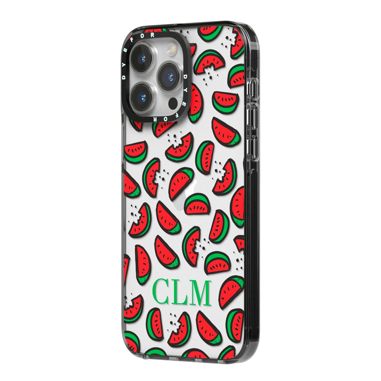 Personalised Watermelon Initials iPhone 14 Pro Max Black Impact Case Side Angle on Silver phone