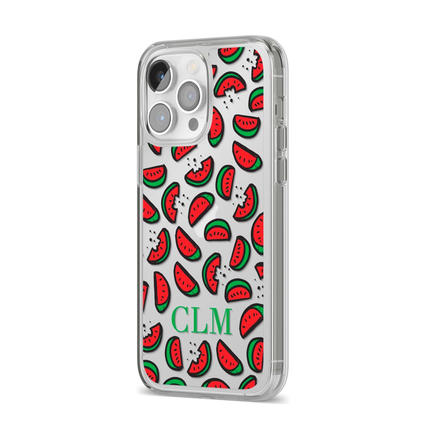 Personalised Watermelon Initials iPhone 14 Pro Max Clear Tough Case Silver Angled Image