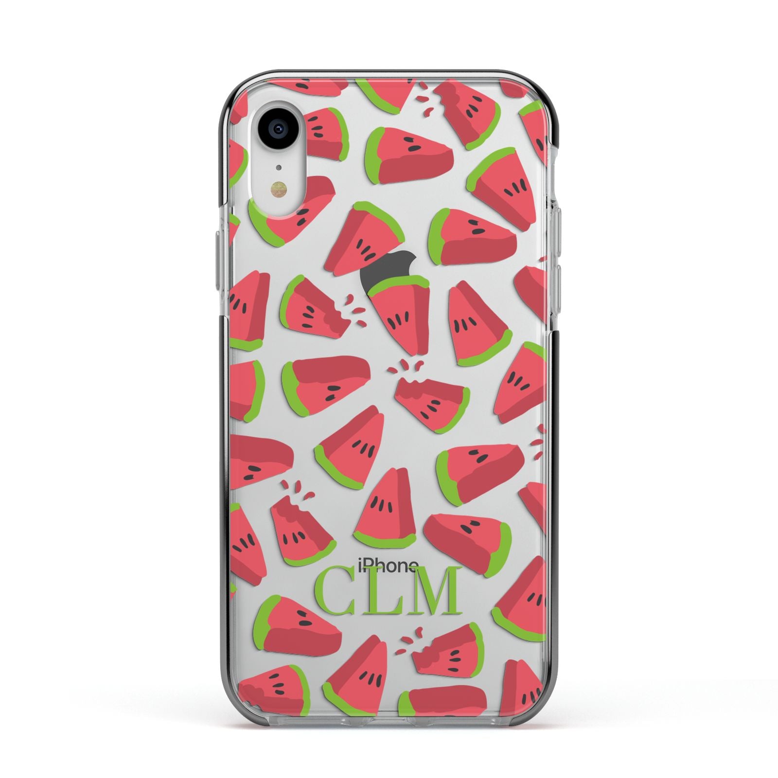 Personalised Watermelon Monogram Apple iPhone XR Impact Case Black Edge on Silver Phone