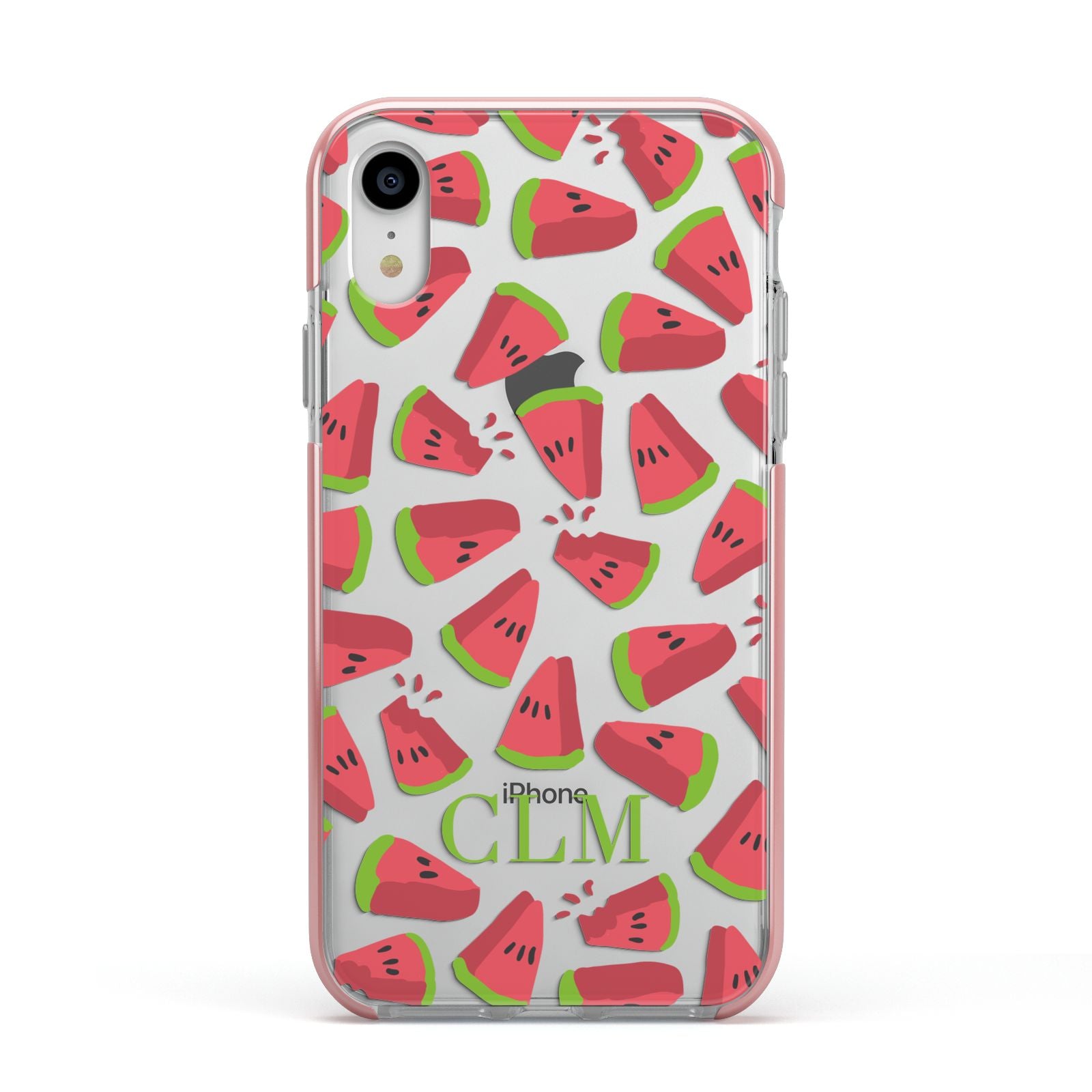 Personalised Watermelon Monogram Apple iPhone XR Impact Case Pink Edge on Silver Phone