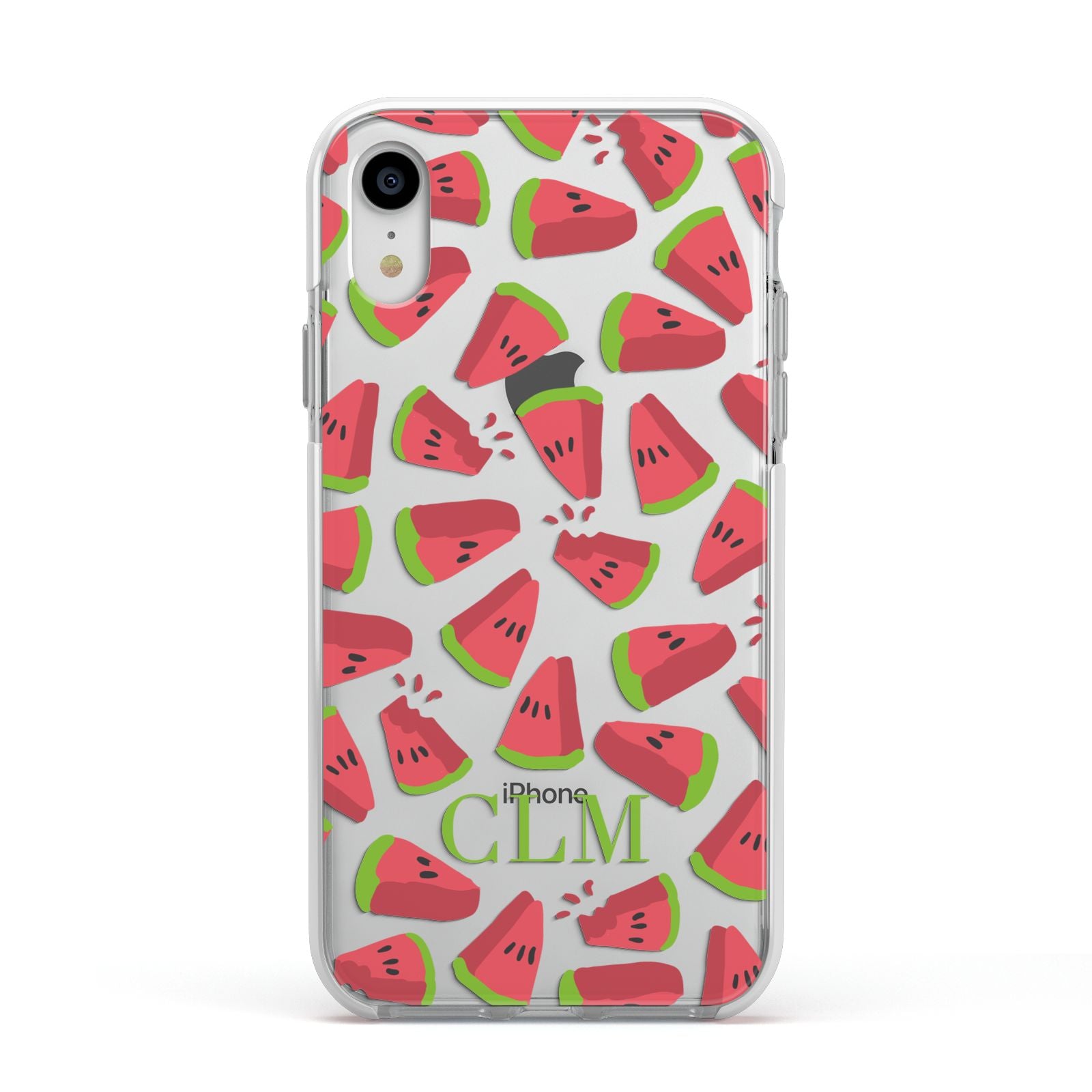 Personalised Watermelon Monogram Apple iPhone XR Impact Case White Edge on Silver Phone
