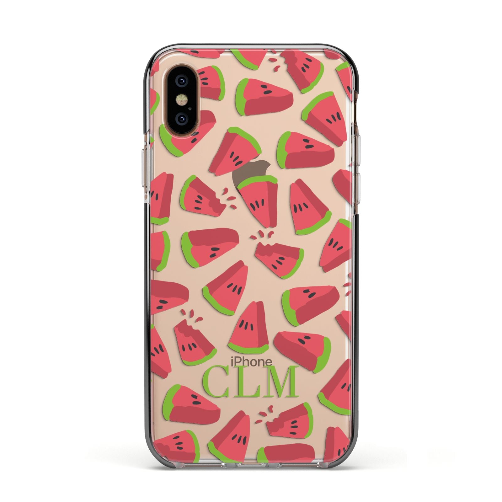 Personalised Watermelon Monogram Apple iPhone Xs Impact Case Black Edge on Gold Phone