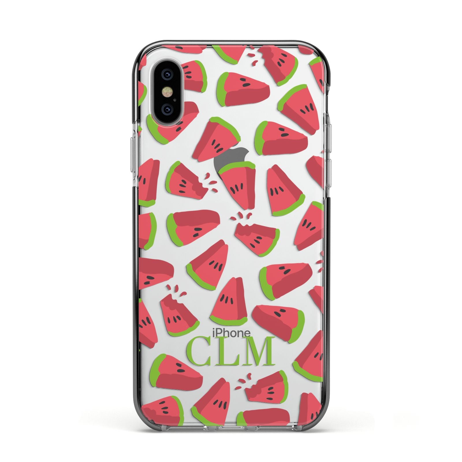 Personalised Watermelon Monogram Apple iPhone Xs Impact Case Black Edge on Silver Phone