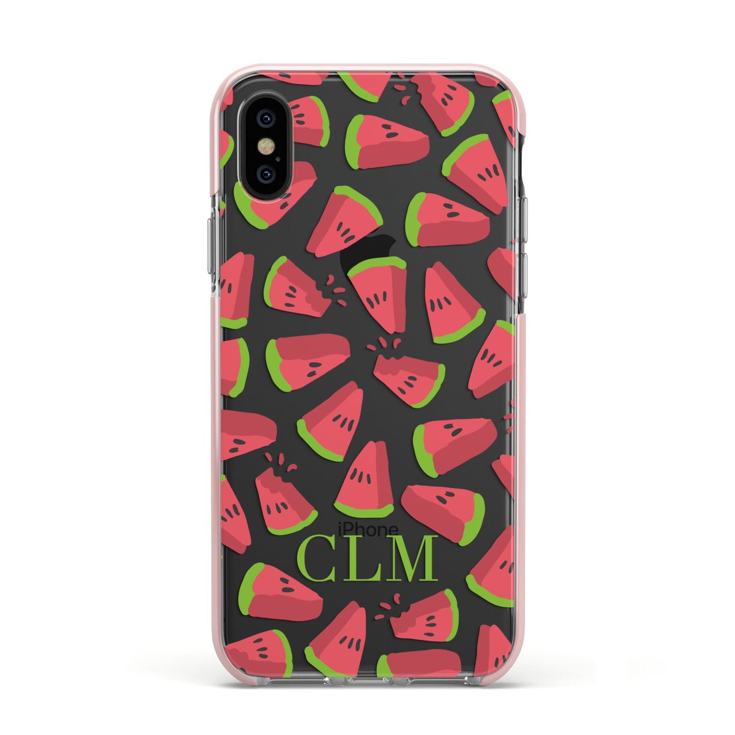 Personalised Watermelon Monogram Apple iPhone Xs Impact Case Pink Edge on Black Phone