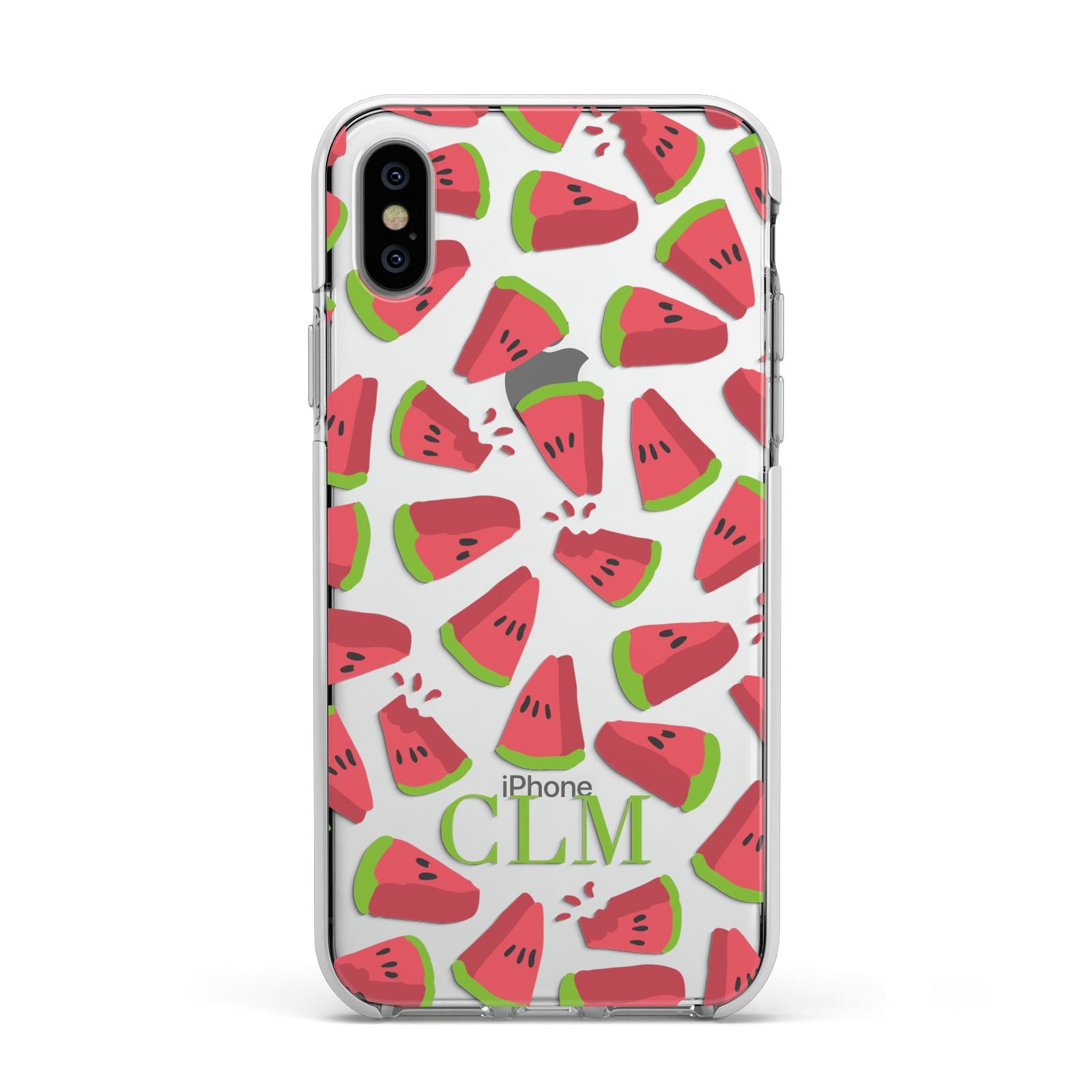 Personalised Watermelon Monogram Apple iPhone Xs Impact Case White Edge on Silver Phone