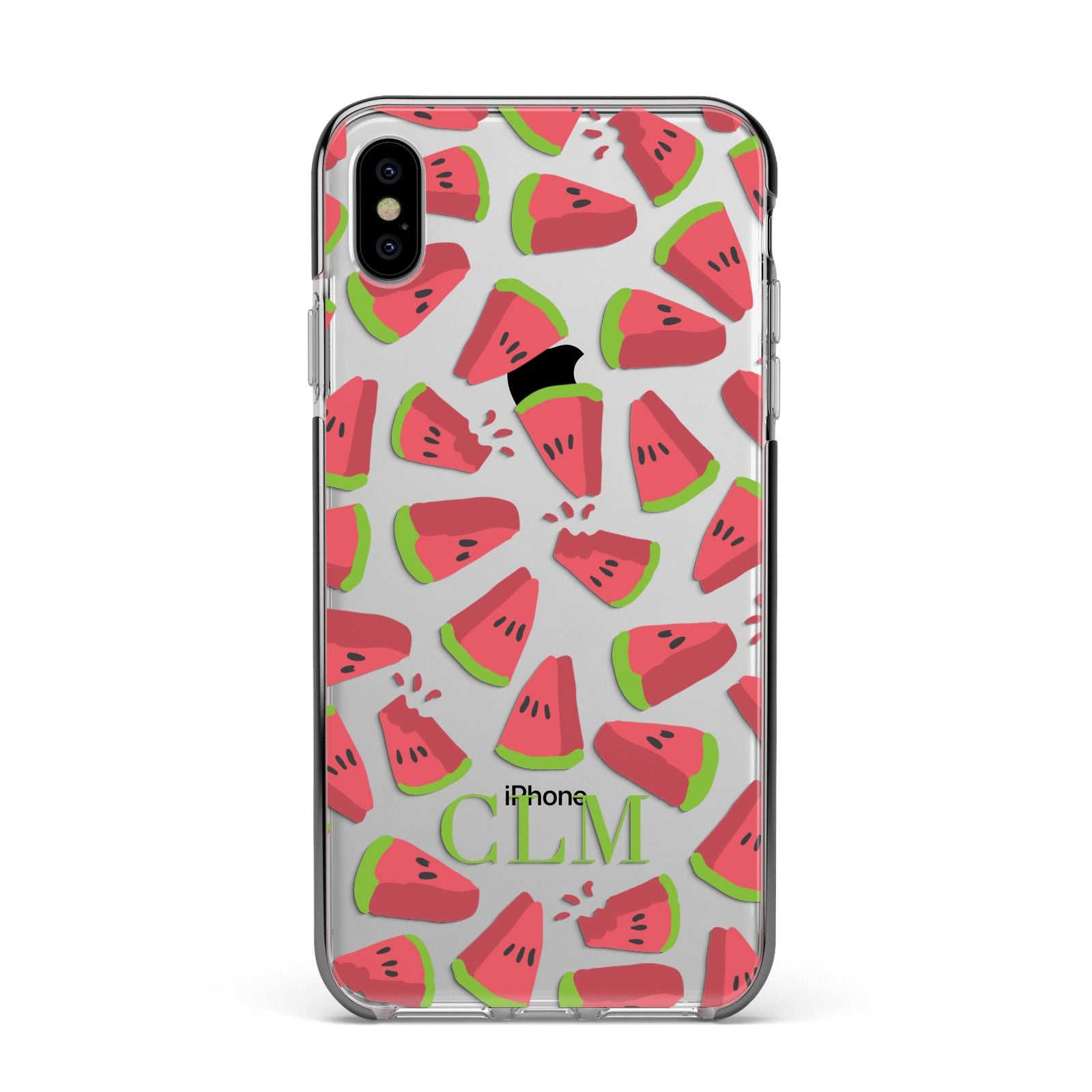 Personalised Watermelon Monogram Apple iPhone Xs Max Impact Case Black Edge on Silver Phone