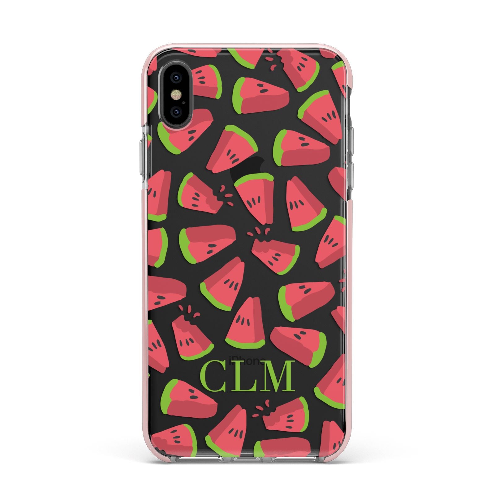 Personalised Watermelon Monogram Apple iPhone Xs Max Impact Case Pink Edge on Black Phone