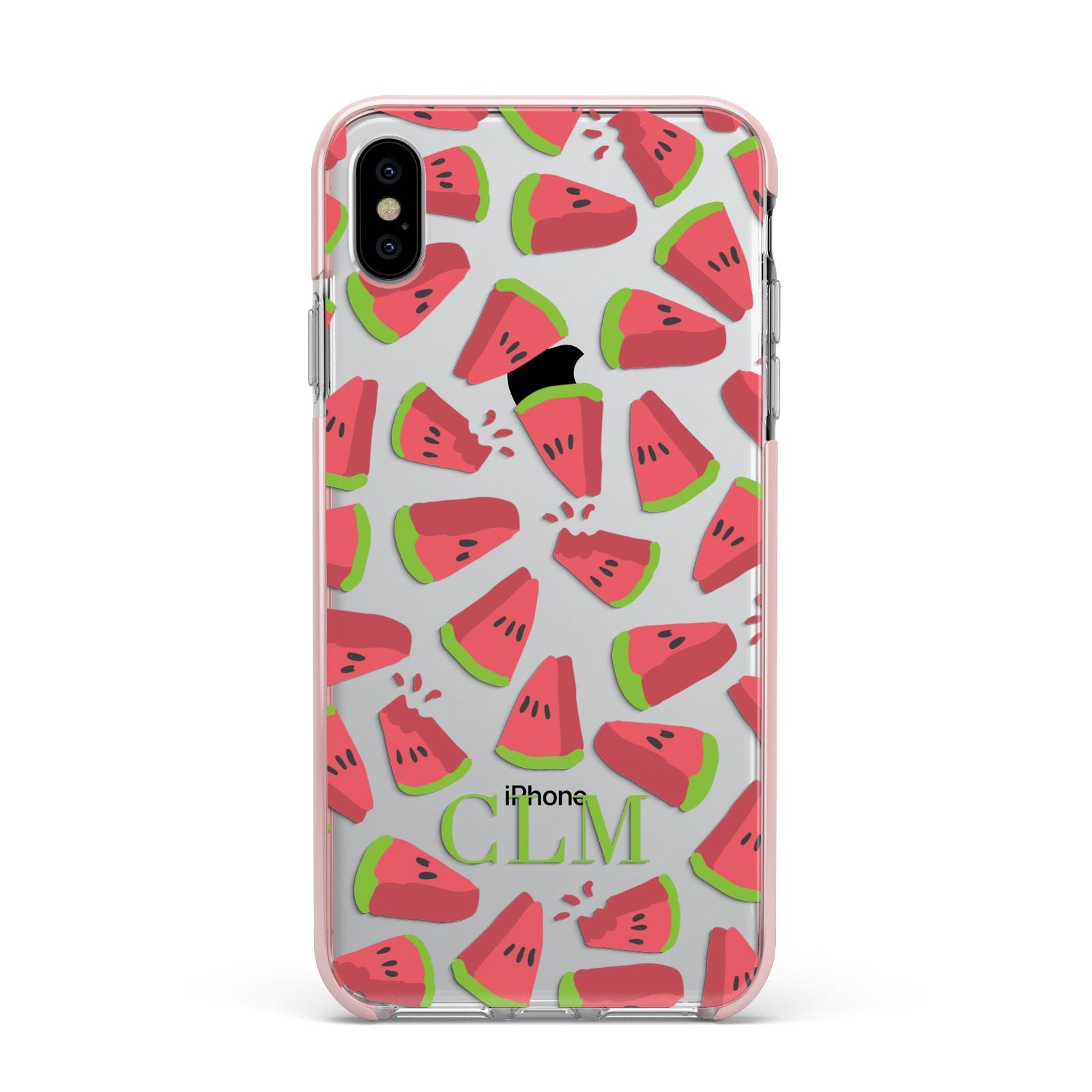 Personalised Watermelon Monogram Apple iPhone Xs Max Impact Case Pink Edge on Silver Phone