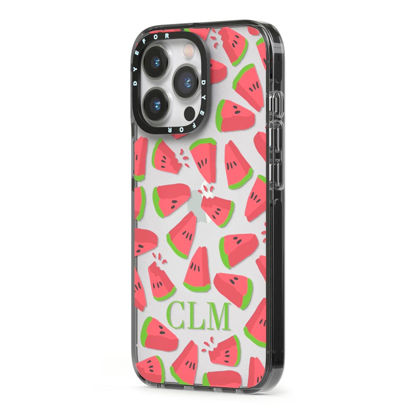 Personalised Watermelon Monogram iPhone 13 Pro Black Impact Case Side Angle on Silver phone