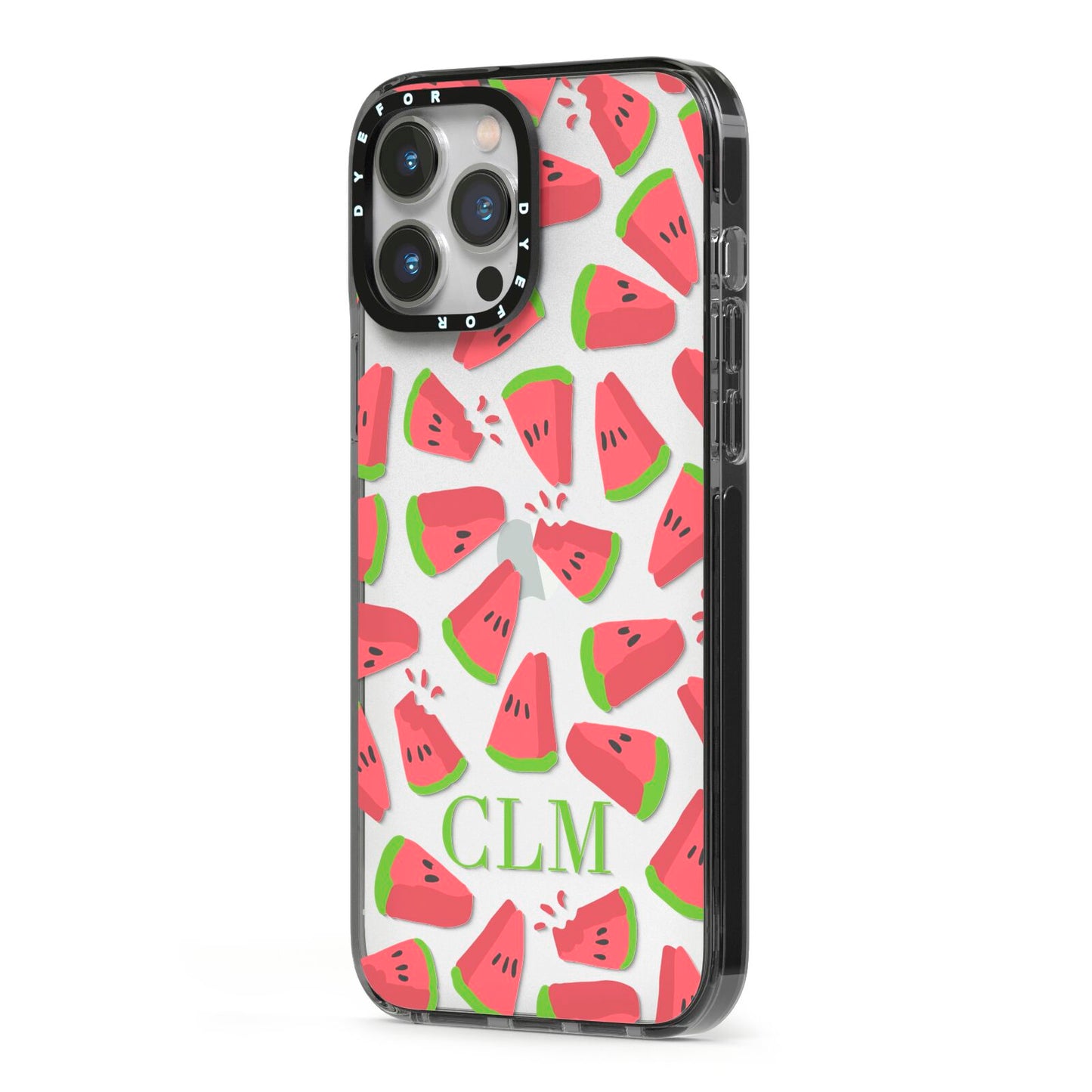 Personalised Watermelon Monogram iPhone 13 Pro Max Black Impact Case Side Angle on Silver phone