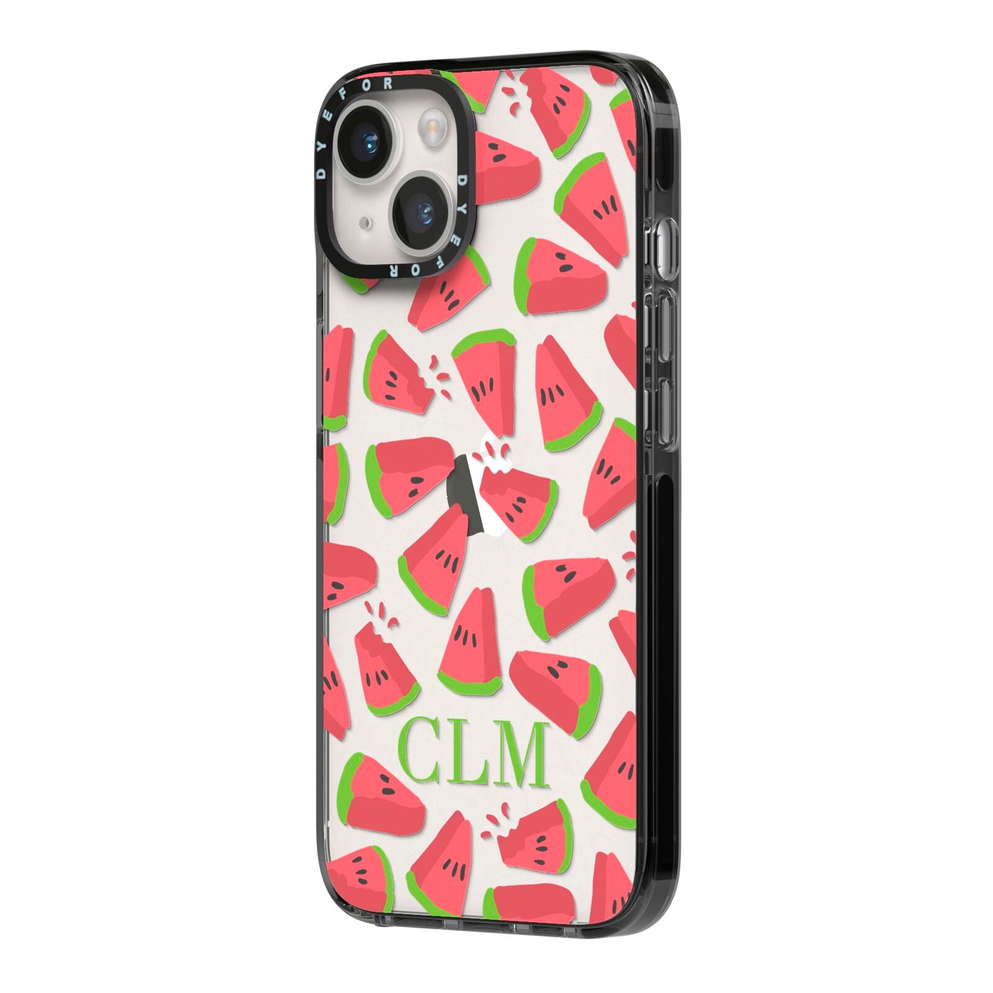 Personalised Watermelon Monogram iPhone 14 Black Impact Case Side Angle on Silver phone