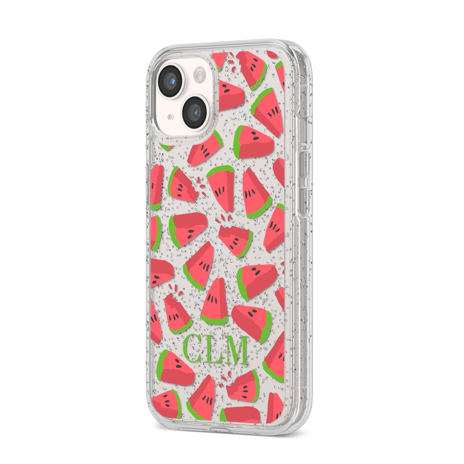 Personalised Watermelon Monogram iPhone 14 Glitter Tough Case Starlight Angled Image